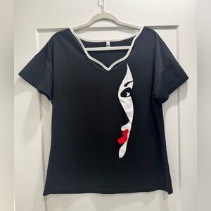 MISSLOOK Black Graphic Face Print Women's Top. Cotton blend. Size L